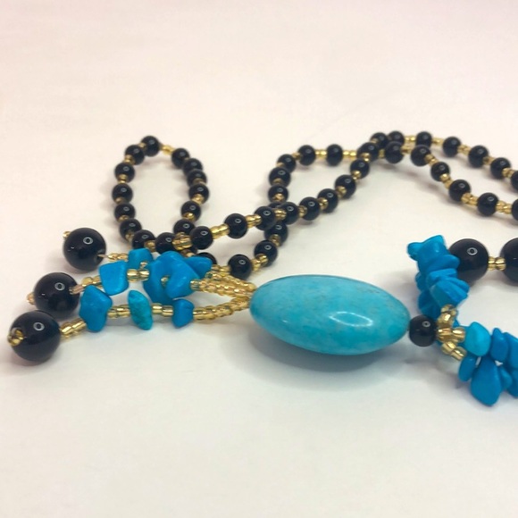 Boho Blue Turquoise And Onyx Gemstone Bead Necklace 28” Long - Picture 4 of 6